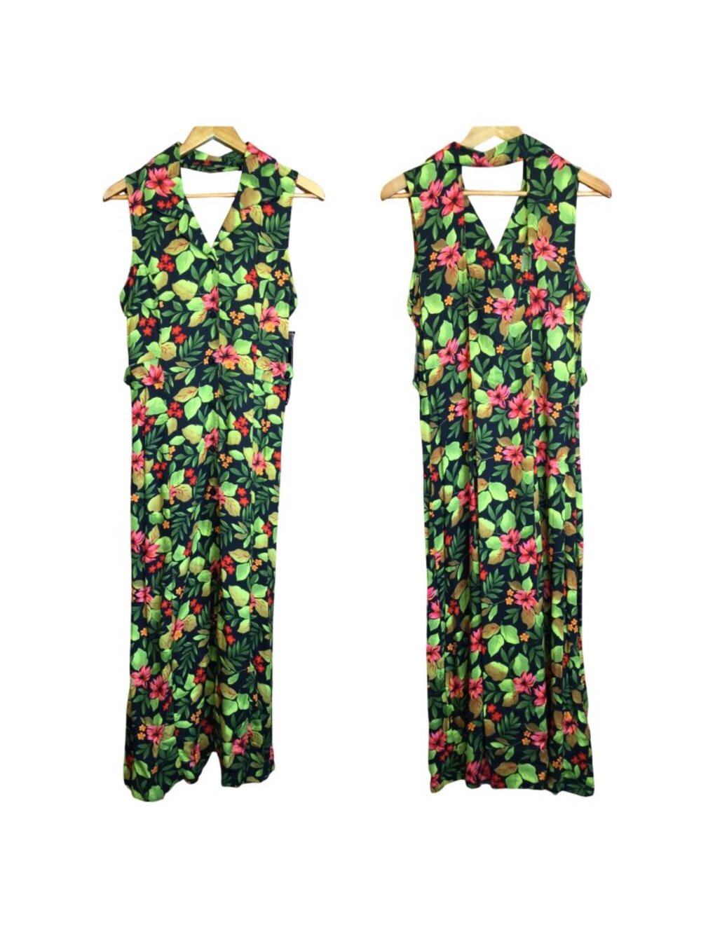 Sleeveless Floral Maxi Dress Halter Button Front Black Multicolor Size S